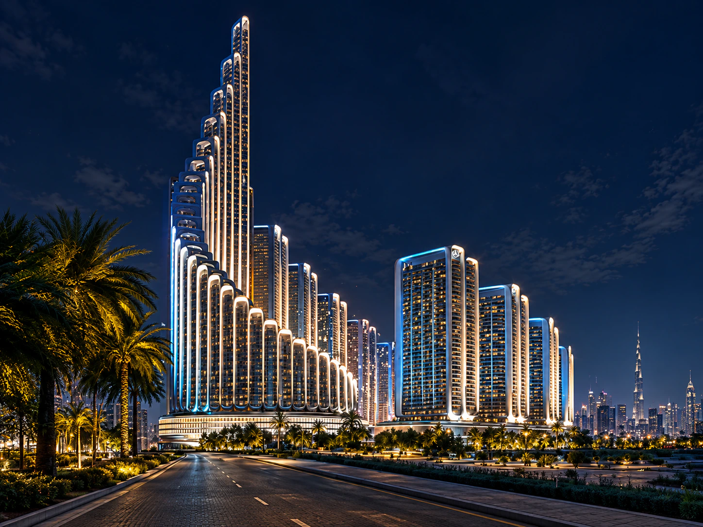 Mercedes-Benz Places Binghatti City iluminado à noite em Dubai