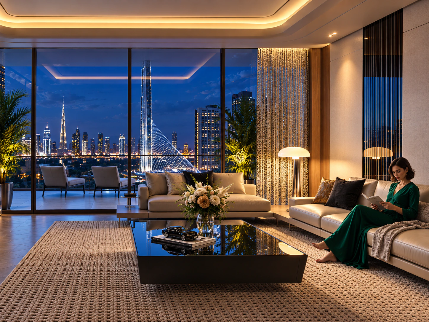 Interior de Mercedes-Benz Places com vista noturna de Dubai